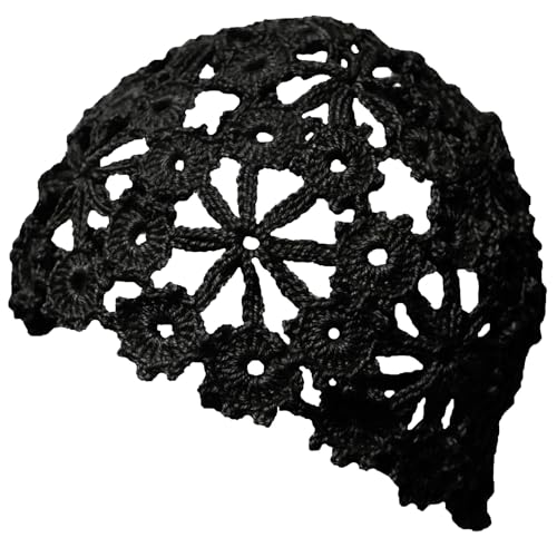 Women Lace Crochet Beanie Hat Handmade Knitted Cutout Floral Skull Cap - color: Black