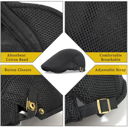 Xinveen Men's Mesh Cap Breathable Summer Newsboy Hat Adjustable Beret Ivy Cap Irish Cabbie Driving Hunting Hats - color: Black