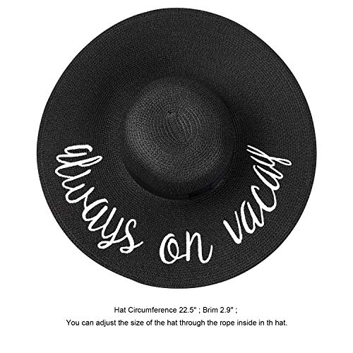 DRESHOW Big Straw Sun Hats for Women Floppy Foldable Roll up Beach Cap Sun Hat UPF 50+ Vacation Honeymoon Embroidered Hat - color: Ae Always on Vacay: Black