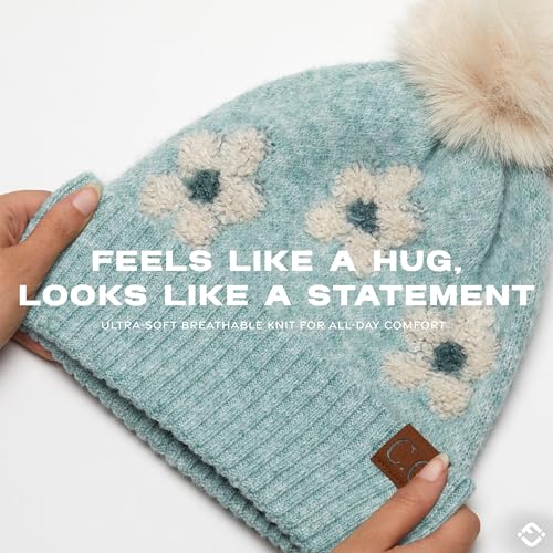 Funky Junque Beanie for Women Ultra Soft Chenille Faux Fur Pom Pom Winter Hats Warm Ski Cap Fashion - color: Daisy - Mint