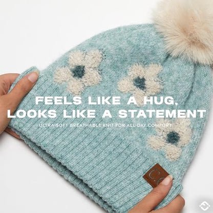 Funky Junque Beanie for Women Ultra Soft Chenille Faux Fur Pom Pom Winter Hats Warm Ski Cap Fashion - color: Daisy - Mint