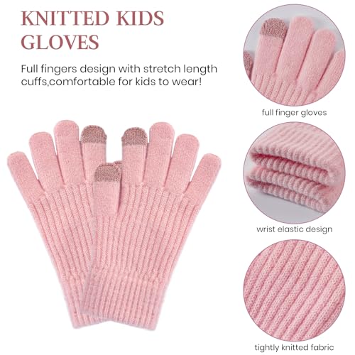Kids Winter Hat Gloves Scarf Set, Double Pom Beanie Soft Neck Warmer Gloves