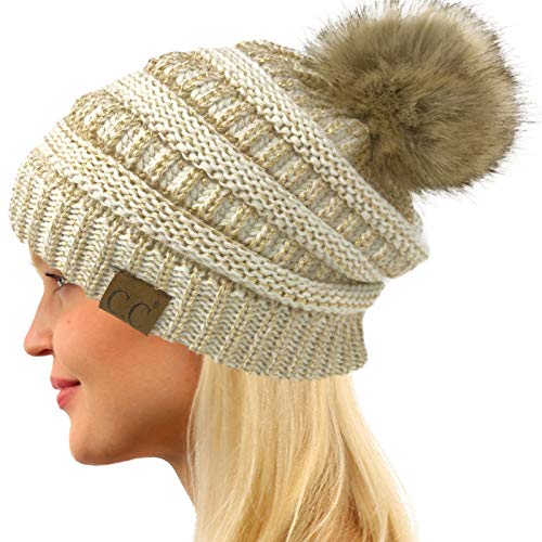 C.C Fur Pom Winter Fall Trendy Chunky Stretchy Cable Knit Beanie Hat - color: Metallic Ivory/Gold