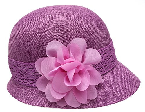 Women's Gatsby Linen Cloche Hat with Lace Band and Flower - color: Purple