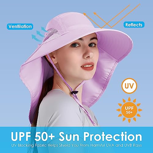 Womens Sun Hat UV Protection, Foldable Waterproof Wide Brim Bucket Hats with Neck Flap for Summer Beach Fishing Hiking - color: Purple