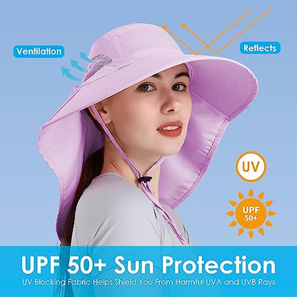 Womens Sun Hat UV Protection, Foldable Waterproof Wide Brim Bucket Hats with Neck Flap for Summer Beach Fishing Hiking - color: Purple