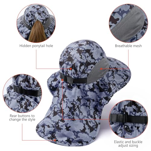 BASSDASH UPF 50+ Unisex Water Resistant Wide Brim Sun Hat with Large Neck Flap Ponytail Fishing Hat for Men Women - color: Storm Camo