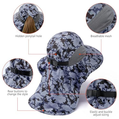BASSDASH UPF 50+ Unisex Water Resistant Wide Brim Sun Hat with Large Neck Flap Ponytail Fishing Hat for Men Women - color: Storm Camo