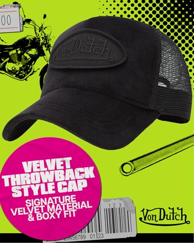 Von Dutch Unisex Velvet Trucker Hat, Curved Bill, Mesh Back, Snapback - color: Black Patched