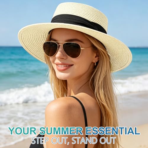 DRESHOW Women Straw Panama Hat Travel Fedora Beach Sun Hat Summer Wide Brim Straw Roll up Hats UPF 50+ - color: Fedora Ivory M
