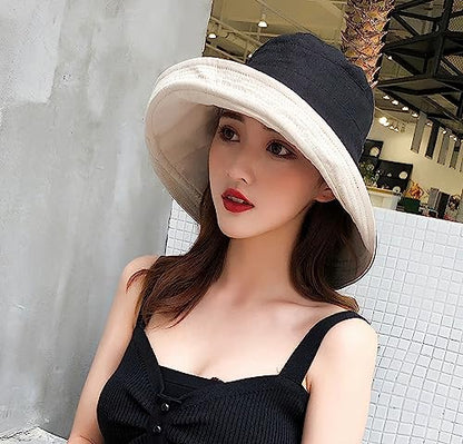 Women Wide Brim Sun Hats Metal Wired Edge Summer UV Protection Beach Fishing Hat for Hiking Garden Travel Chin Strap - color: Lant001-black, size: One Size