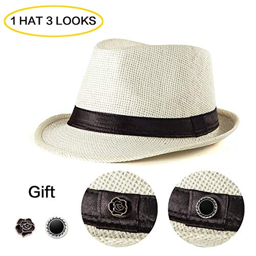 XL Straw Fedora Hats for Men Summer Trilby Beach Travel Panama Casual 7 1/2 - color: Milk White