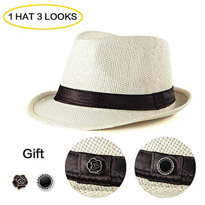 XL Straw Fedora Hats for Men Summer Trilby Beach Travel Panama Casual 7 1/2 - color: Milk White