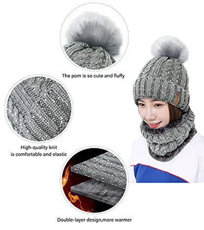 IYEBRAO Womens Winter Knit Beanie Hat and Scarf Set Girls Cute Slouchy Thick Fleece Lined Ski Hat Warm Skull Cap with Pom - color: Light Grey