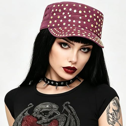 Studded Military Cap for Women Men Cadet Army Cap Flat Top Hat - color: Wine Red