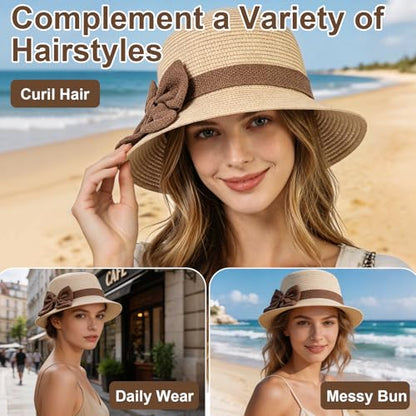 Womens Sun Straw Hat, Summer Beach Sun Hats UPF Straw Hat for Women Beige