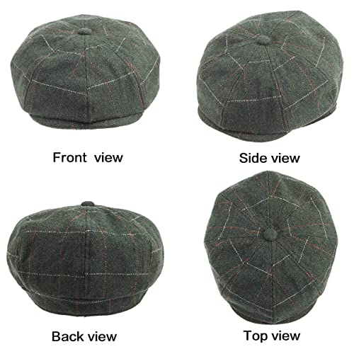 LADYBRO 8 Panel Newsboy Hats for Men Cap Irish Wool Blend Tweed, Adjustable - color: 004 Plaid Green, size: 7 3/4-8