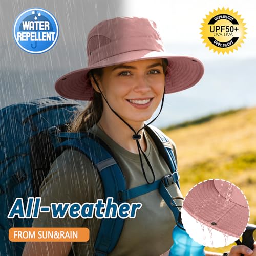 ZOORON Sun Hats for Men Women, Wide Brim Safari Hats UV Protection UPF50+ Waterproof Boonie Hats for Fishing Hiking Camping - color: With One Pair Cooling Sleeves-1pack-pink