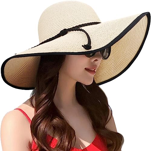 AQOKKA Beach Hats for Women Men Big Straw Wide Brim Summer Hat Floppy Foldable Roll up Cap for Beach Outdoor UPF 50+ - color: 1 Pack: String Tie Beige
