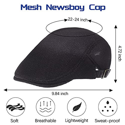 Geyoga 3 Pcs Mesh Newsboy Cap, Adjustable Mesh Cap - color: Black, Deep Gray, Royal Blue