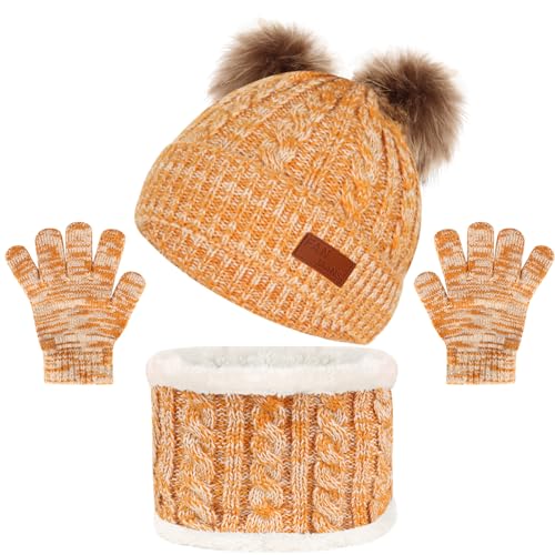 Kids Winter Beanie Hat Scarf Gloves Set,Toddlers Knit Winter Warm Double Pompom Cap Scarf Gloves for Girls Boys 1-5 Years Old - color: Yellow Mix
