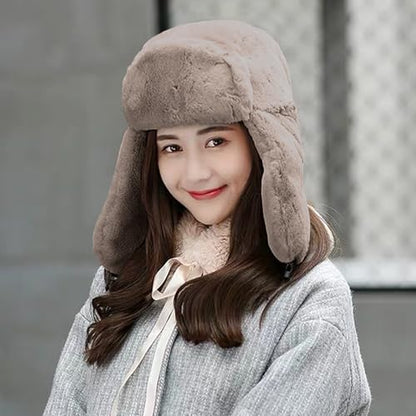 Womens Faux Fur Fuzzy Trapper Hat Winter Ear Flap Trooper Aviator Hat - color: Brown