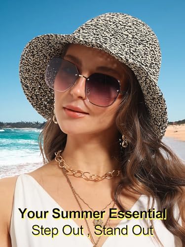 Womens Sun Hat Handmade Crochet Straw Bucket for Summer Foldable Travel Cap - color: Beige & Black