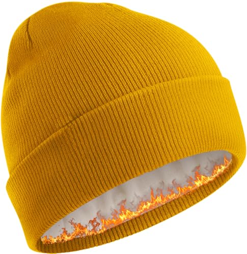 Fleece Lined Beanie for Men Women Knit Thick Warm Winter Beanies Hat - color: Yellow