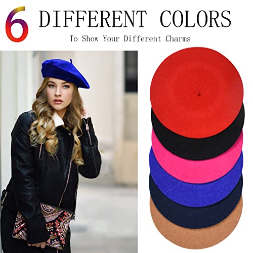 Jolbndcv 6PCS Beret, French Beanie, Outdoor, Winter, Fashion Lady Hat - color: Black, Camel, Big Red, Royal Blue, Navy Blue, Rose Red