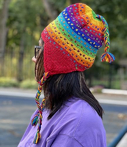 Nepal Hand Knit Ear Flaps Beanie Skull Ski 100% Wool Fleeced Hat/Cap - color: Rainbow