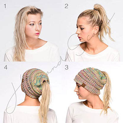 C.C Exclusives Soft Stretch Cable Knit Messy Bun Ponytail Beanie Winter Hat for Women (MB-20A) - color: Mint