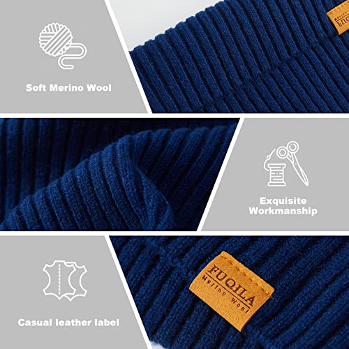 100% Merino Wool Cuff Beanie Hat, Unisex Warm Winter Caps Soft, Breathable & Cozy Stretchy Knitted Cuffed Cap - color: (Royal Blue