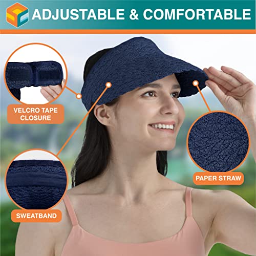 SUN CUBE Women Sun Visor Hat, Straw Beach Hat Wide Brim UV Protection, Foldable Packable Cap, Roll Up Ponytail Summer Visor - color: Navy