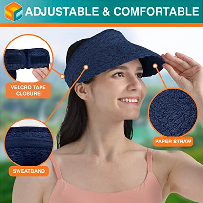 SUN CUBE Women Sun Visor Hat, Straw Beach Hat Wide Brim UV Protection, Foldable Packable Cap, Roll Up Ponytail Summer Visor - color: Navy