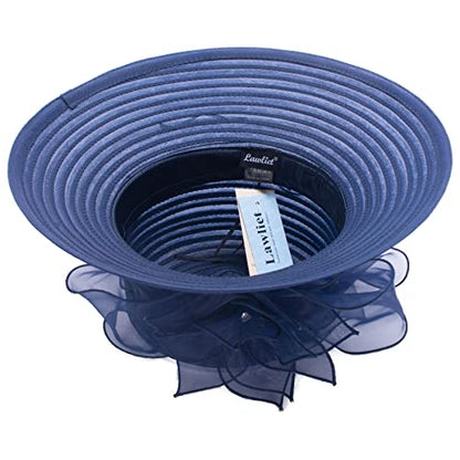 Womens Wedding Occasion Floral Wide Brim Church Dressy Sun Hat A323 - color: Navy Blue