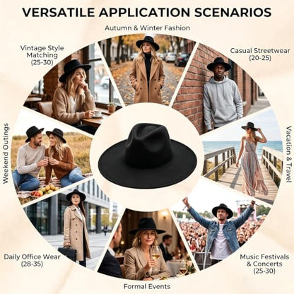 Classic Wide Brim Felt Fedora Hat for Men Women - color: Black