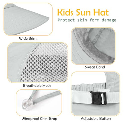 Kids Sun Hat UPF50+ Summer Beach Play Sun Protection Hats with Neck Flap for Ages 5~14 Girls Boys - color: Light Grey