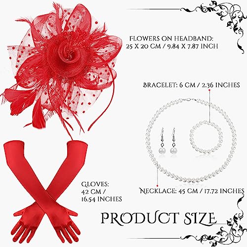 Yaomiao 5 Pcs 1920s Tea Party Accessories Fascinator Hat Gloves - color: Red