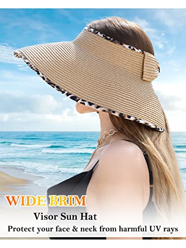sy soul young Women's Straw Hat with Ponytail Hole Wide Brim Visor Sunhat - color: Khaki With Leopard