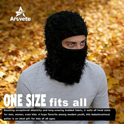 Distressed Ski Mask Balaclava, Yeat Shiesty Knitted Full-Face Mask - color: Black