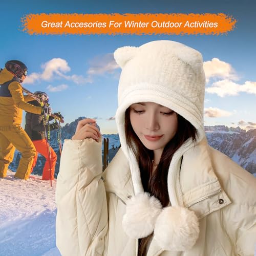 HUAMULAN Women Winter Sherpa Knit Beanie Hats with Pom Poms Ear Flaps - color: Xz3123-baise