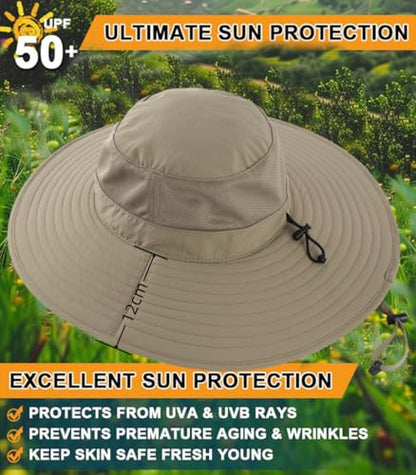 Home Prefer UPF50+ Mens Sun Hat Wide Brim Fishing Hat Foldable Large Brim UV Protection Sun Hat for Men Women Beach Gardening - color: Khaki