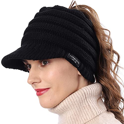 Women's BeanieTail Warm Knit Hat Messy High Bun Ponytail Visor Beanie Cap - color: B324-black, size: Medium