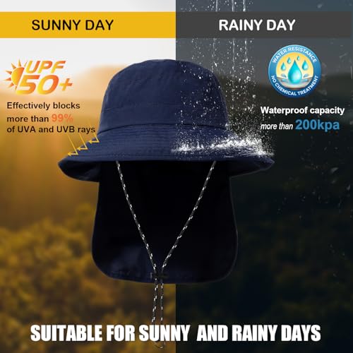 Waterproof Sun Rain Hat for Women Wide Brim UPF50+ UV Protection Packable Men Bucket Safari Fishing Hat with Neck Flap - color: Navy Blue