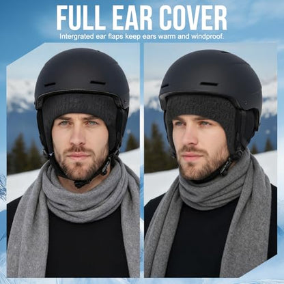 Bencailor 3 Pcs Knit Beanie Hats Winter Beanie with Earflap Black Gray Fleece Lined Hats for Men Women Warm Skull Cap Unisex Daily Headwear Winter Gifts