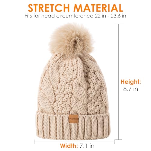 Women's Winter Pompom Beanie Warm and Cozy Knit Hat Fleece Lining Skull Cap for Women - color: Beige