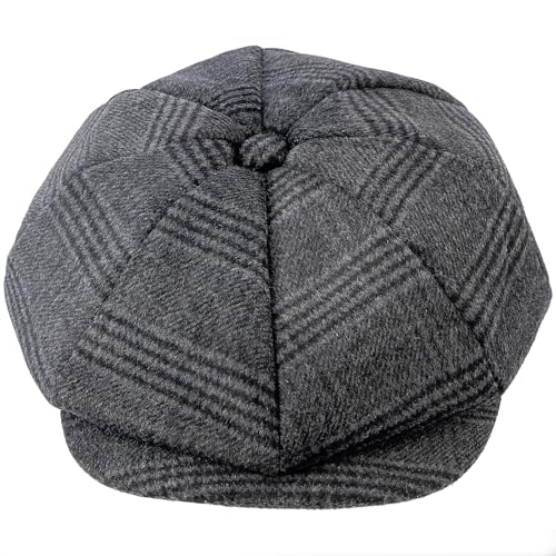 Mens Newsboy Cap High Woolen Tweed Gatsby Hat Ivy Cabbie Flat Golf Cap for Fathers Women Unisex - color: Plaid-dark Grey, size: 7 1/8-7 1/4