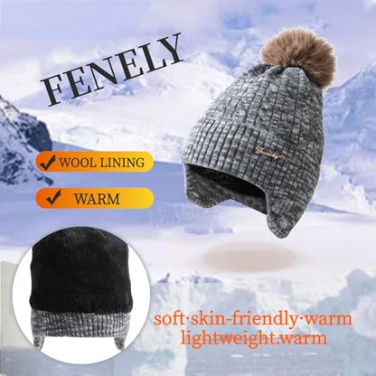 FENELY Women's Knitted Warm Beanie Winter Hat, Warm Chunky Snow Hat with Pompom - color: Blackspacedye