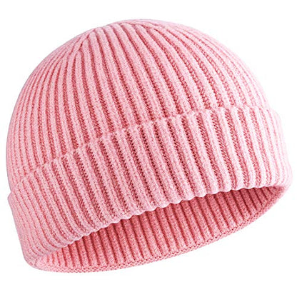 50% Wool Knit Short Fisherman Beanie for Men Women Warm Winter Hat - color: #Pink