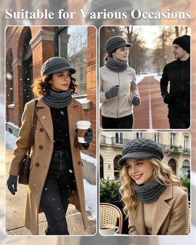 Loritta 3 in 1 Womens Winter Hat Gloves Scarf Set, Warm Hat Mittens - color: Dark Grey